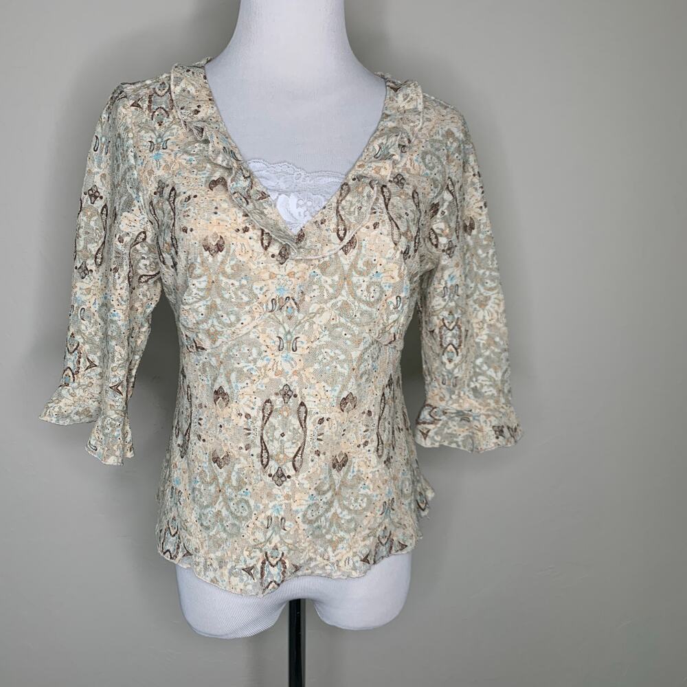 Y2K Stretch Lace Blouse Ruffle Sleeve Small Medium